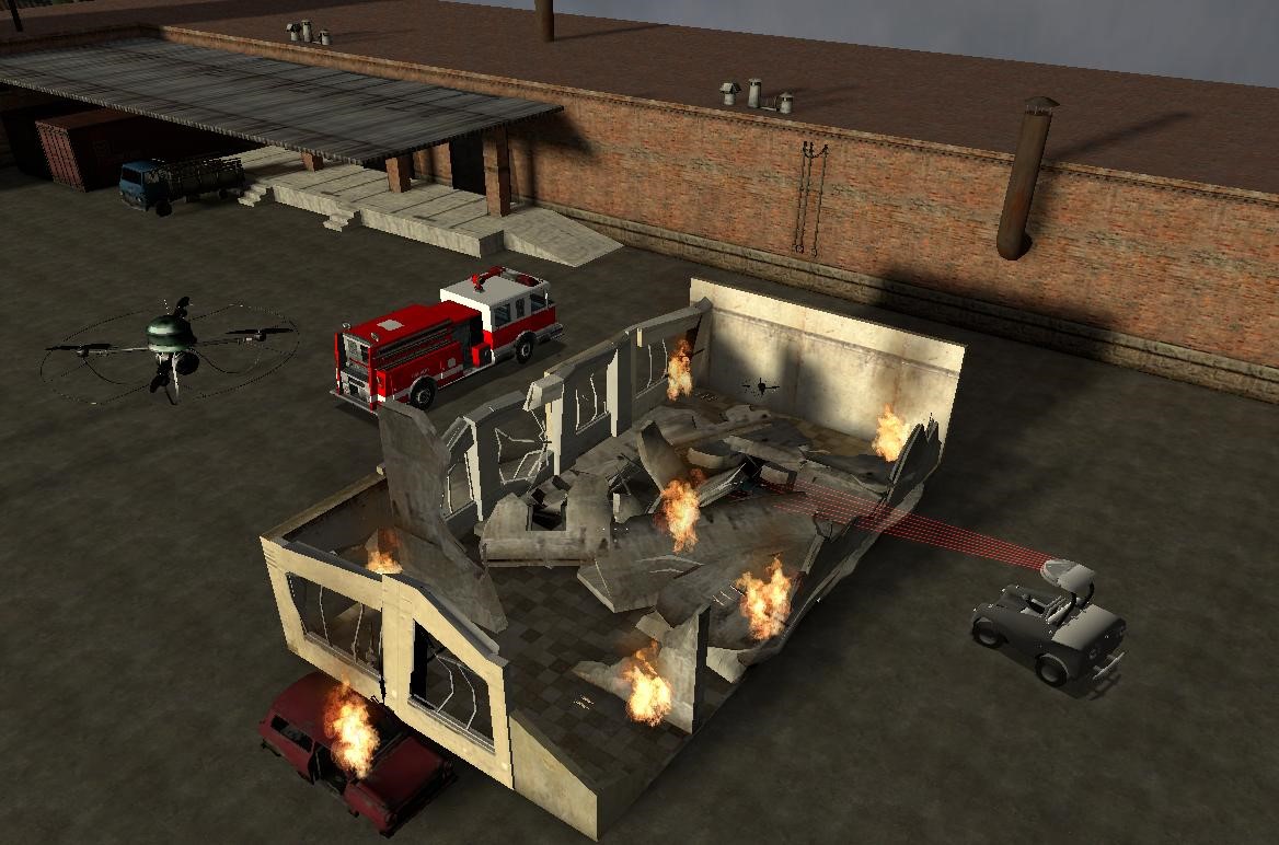 Simulation eines UAV-Einsatzes bei einem Brand.