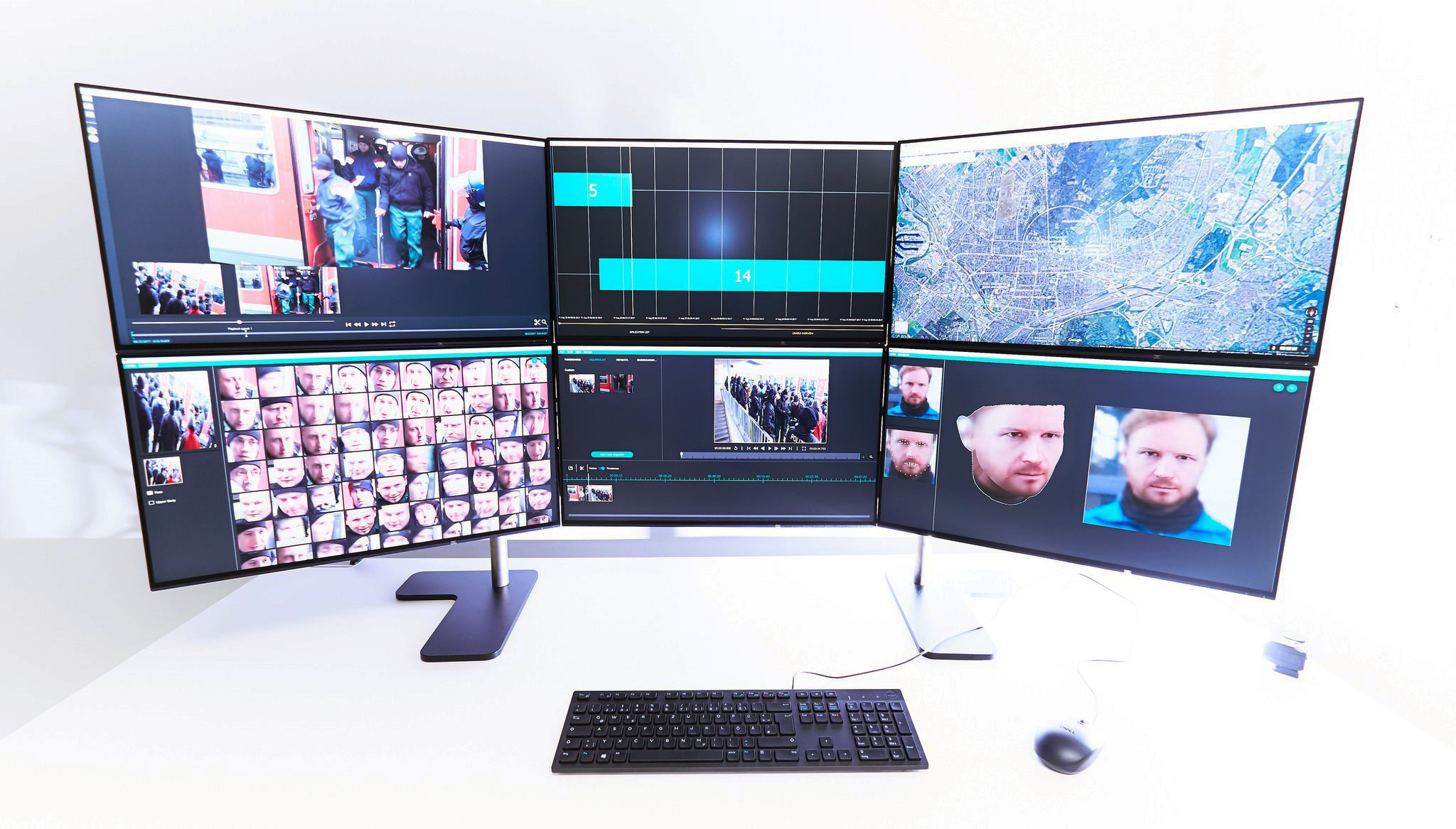 Eine Monitorwand für das am Fraunhofer IOSB entwickelte, computergestützte Investigationssystem ivis-X für die Verarbeitung einer großen Menge an Videos.