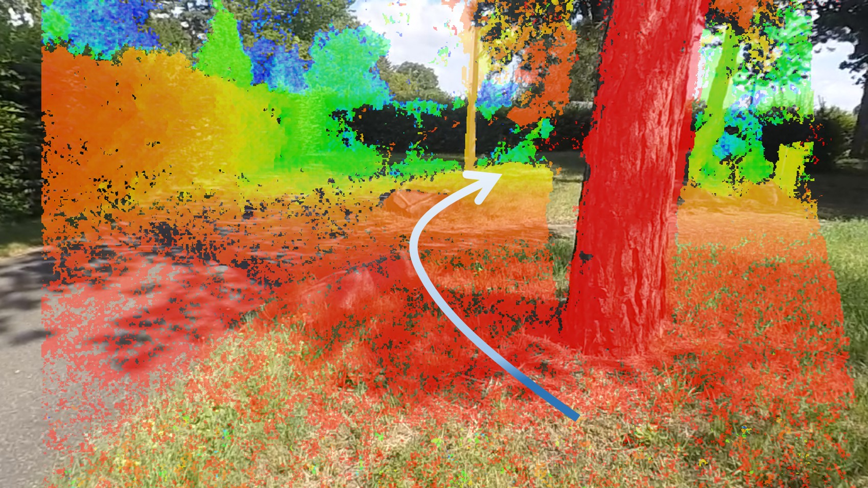 Bild mit der überlagerten Tiefeninformation aus der Stereobildauswertung, rot markiert Hindernisse in der Nähe. Pfeil deutet die darauf basierende Ausweichempfehlung an.