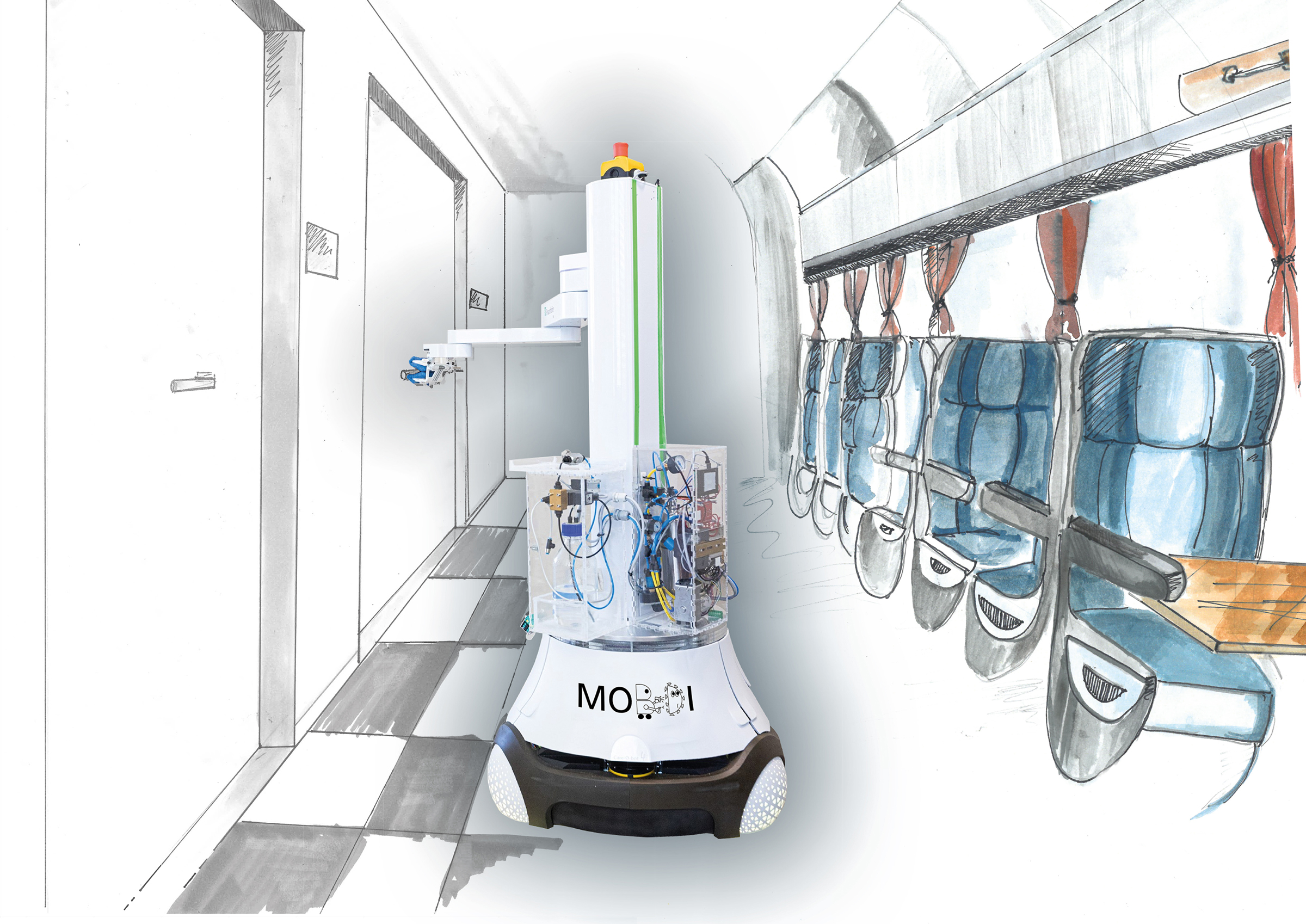 Illustration Serviceroboter DekonBot bei der mobilden Desinfektion (MobDi) eines öffentlichen Verkehrsmittels