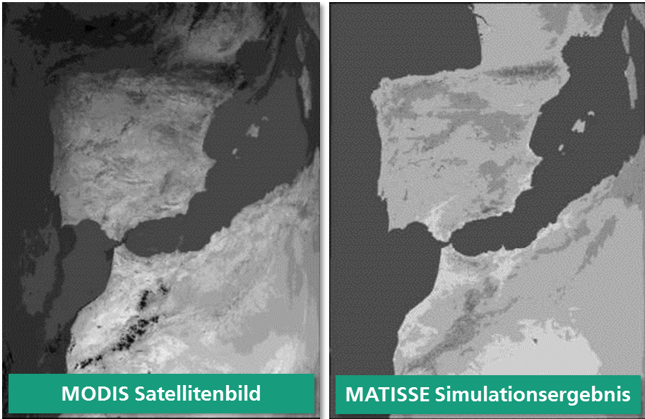 Vergleich eines Satellitenbilds des MODIS-Sensors (Moderate Resolution Imaging Spectroradiometer) mit dem Simulationsergebnis von MATISSE im thermischen Infrarot.