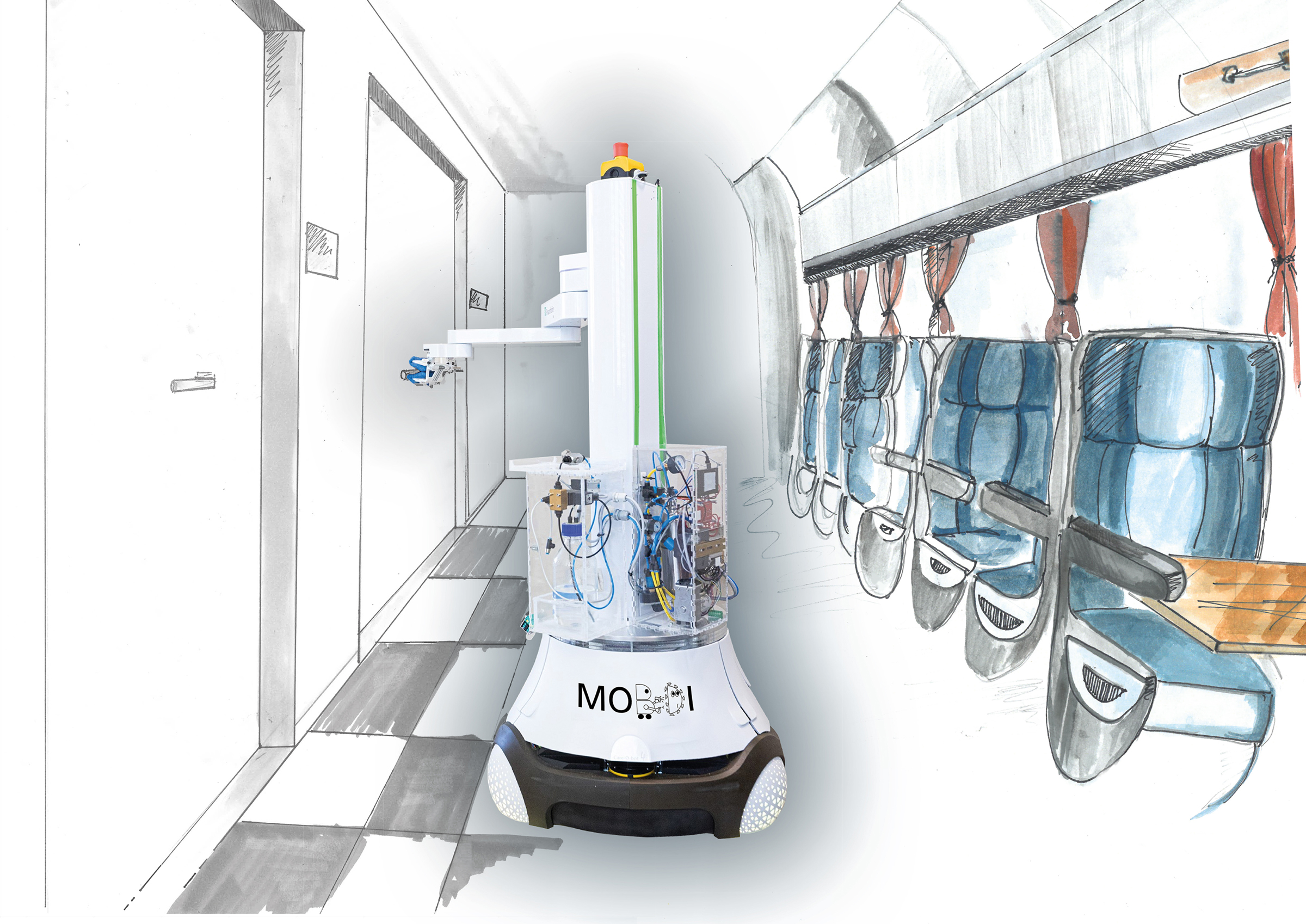 Mobile Disinfection Illustration Service robot DekonBot during mobile disinfection (MobDi) of a public transport system.