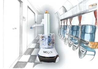 Illustration Service robot DekonBot during mobile disinfection (MobDi) of a public transport system.