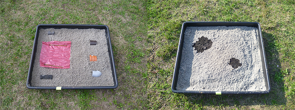 Different soil substrates are mixed with different types of crude oil, diesel and plastic objects.