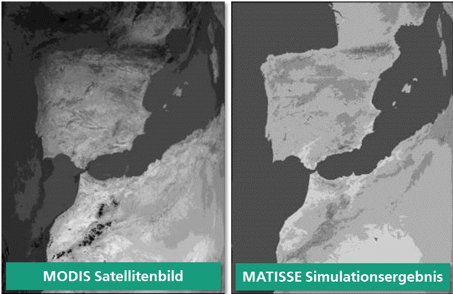 Vergleich eines Satellitenbilds des MODIS-Sensors (Moderate Resolution Imaging Spectroradiometer) mit dem Simulationsergebnis von MATISSE im thermischen Infrarot. Vergleich eines Satellitenbilds des MODIS-Sensors (Moderate Resolution Imaging Spectroradiometer) mit dem Simulationsergebnis von MATISSE im thermischen Infrarot.
